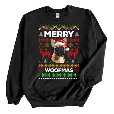 Black Sweatshirt French Bulldog Merry Woofmas Ugly Christmas Sweater