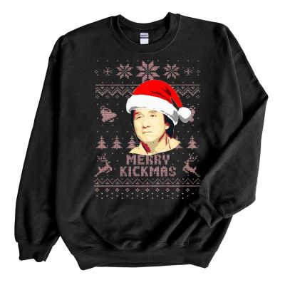 Black Sweatshirt Jackie Chan Merry Kickmas Ugly Christmas Sweater