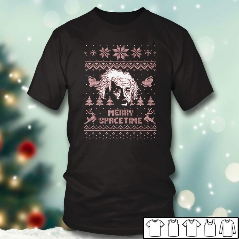 Black T shirt Albert Einstein Merry Spacetime Ugly Christmas Sweater