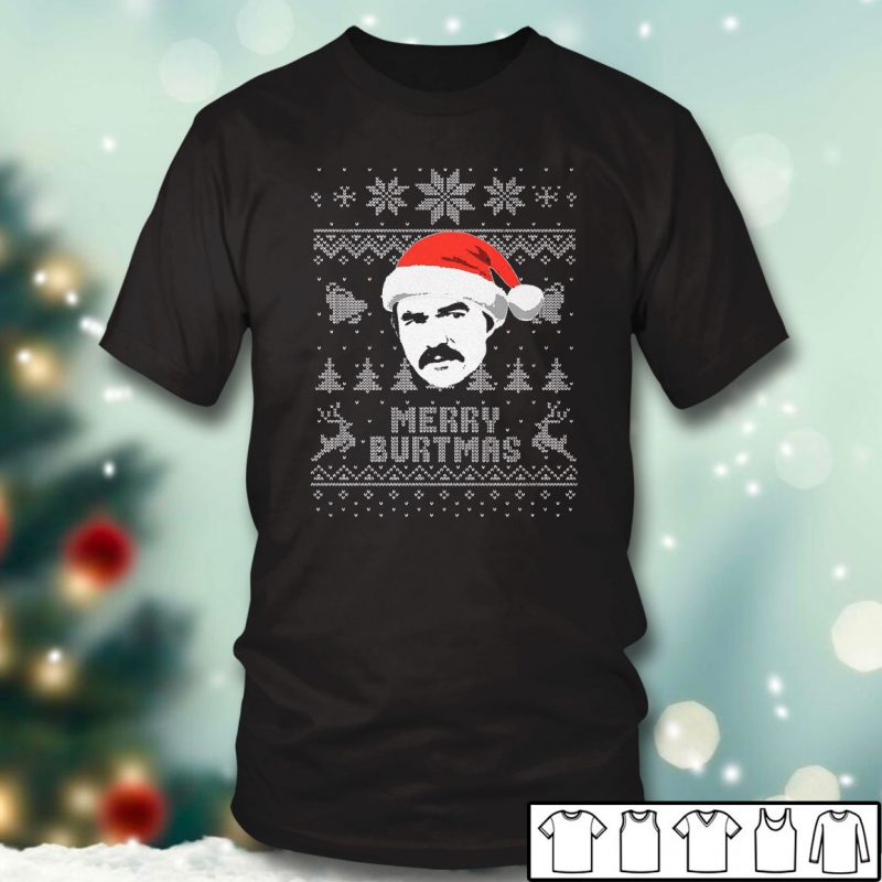 Black T shirt Burt Reynolds Merry Burtmas Ugly Christmas Sweater