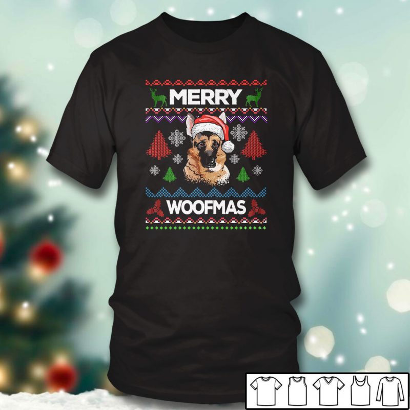 Black T shirt German Shepherd Merry Woofmas Ugly Christmas Sweater