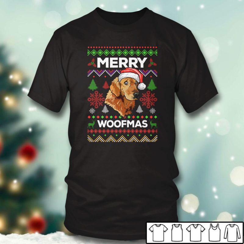 Black T shirt Golden Retriever Merry Woofmas Ugly Christmas Sweater