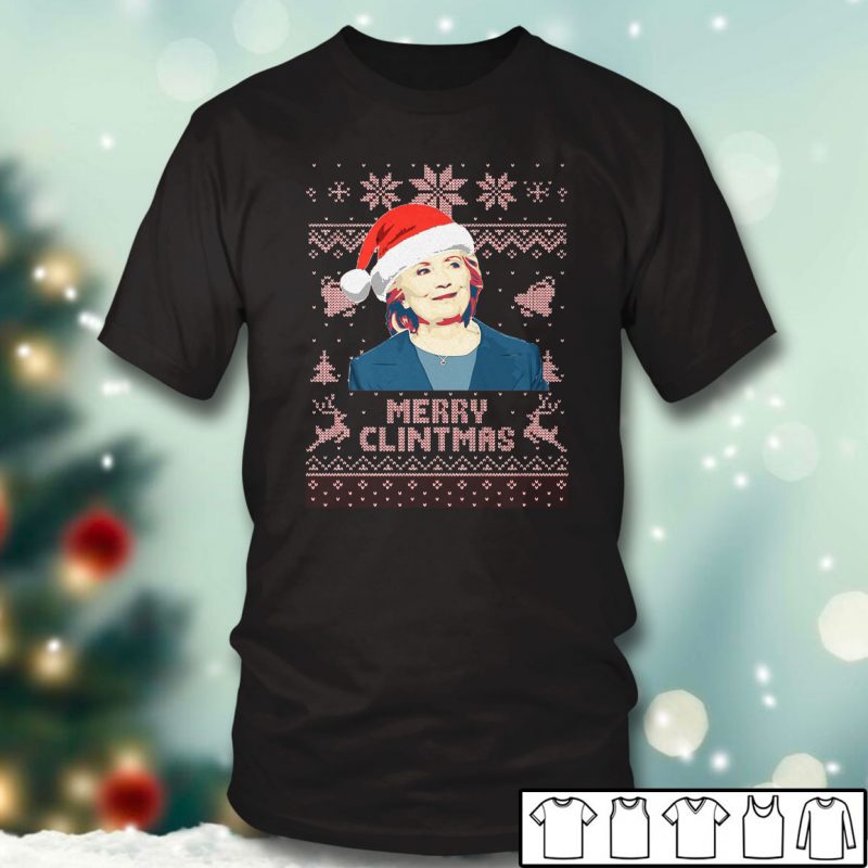 Black T shirt Hillary Clinton Merry Clintmas Ugly Christmas Sweater