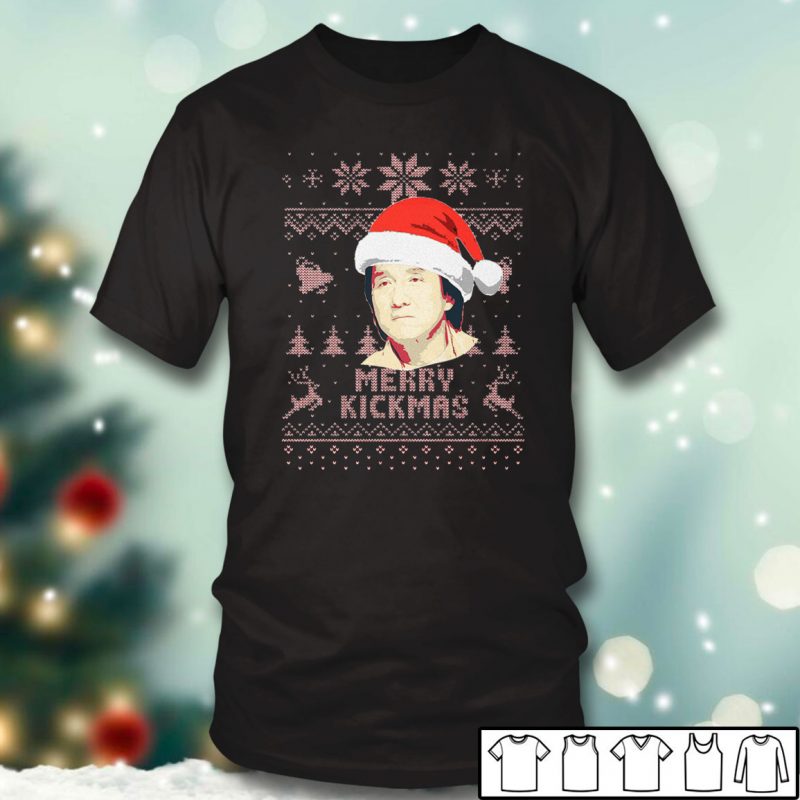 Black T shirt Jackie Chan Merry Kickmas Ugly Christmas Sweater