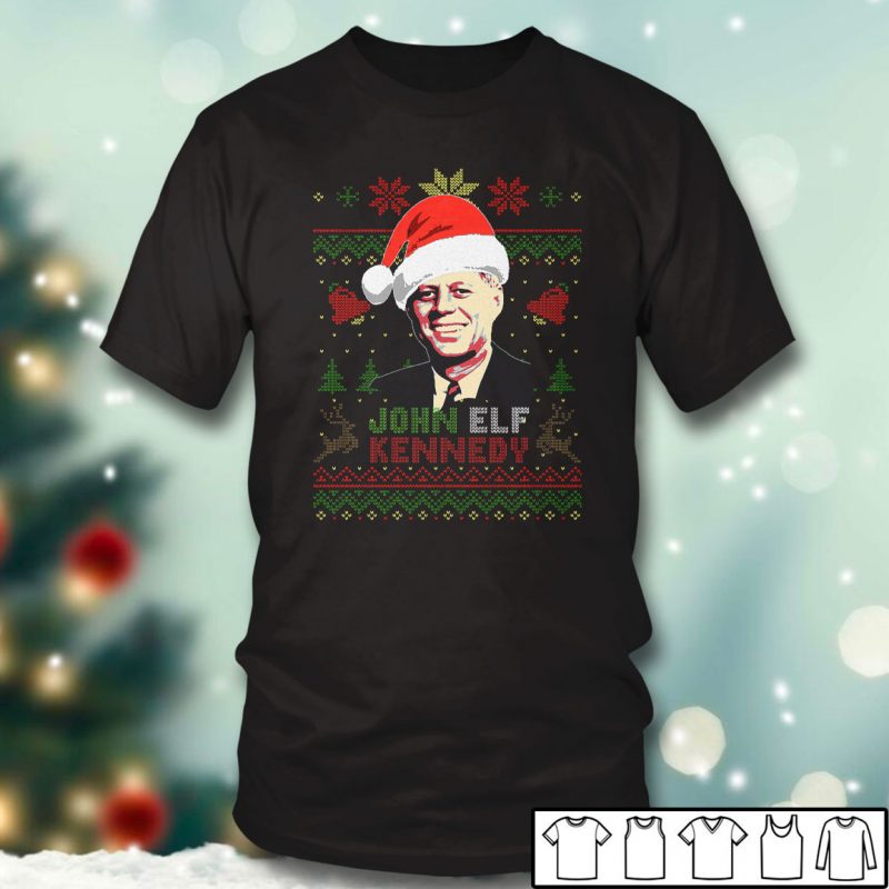 Black T shirt John Elf Kennedy Ugly Christmas Sweater