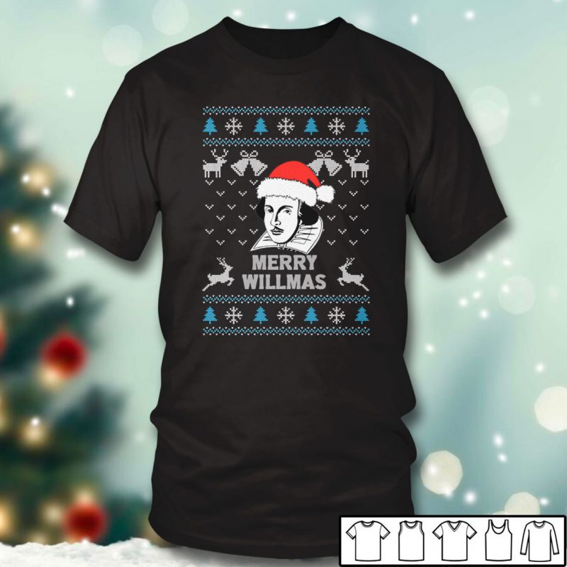 Black T shirt Merry Willmas William Shakespeare Ugly Christmas Sweater