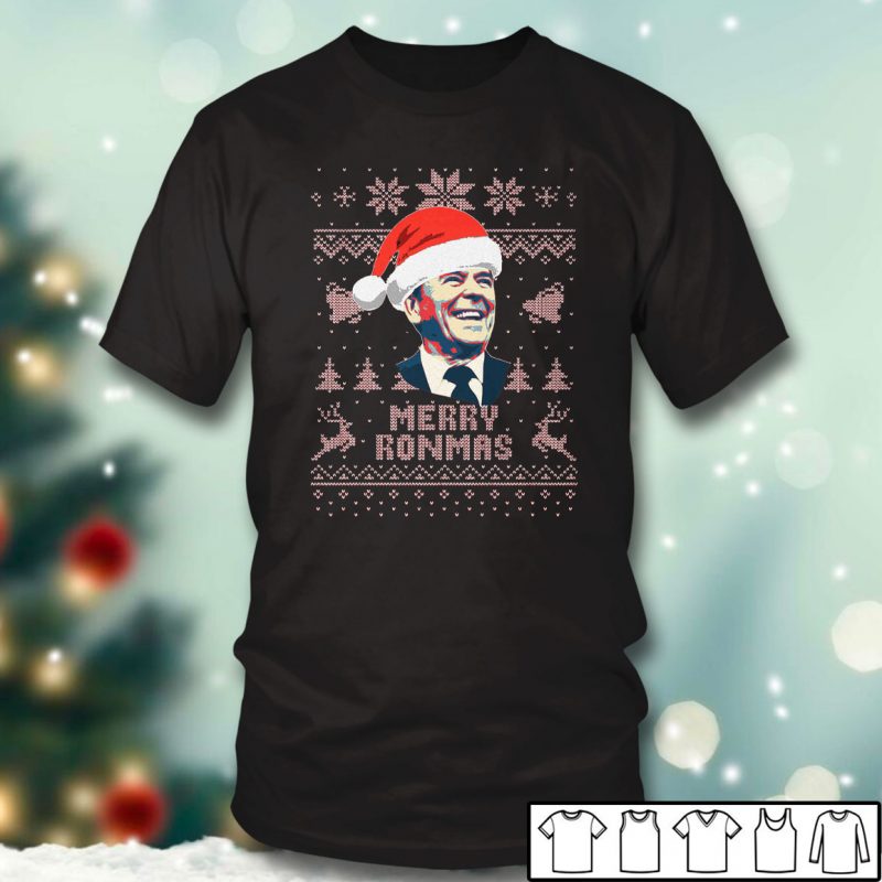 Black T shirt Ronald Reagan Merry Ronmas Ugly Christmas Sweater