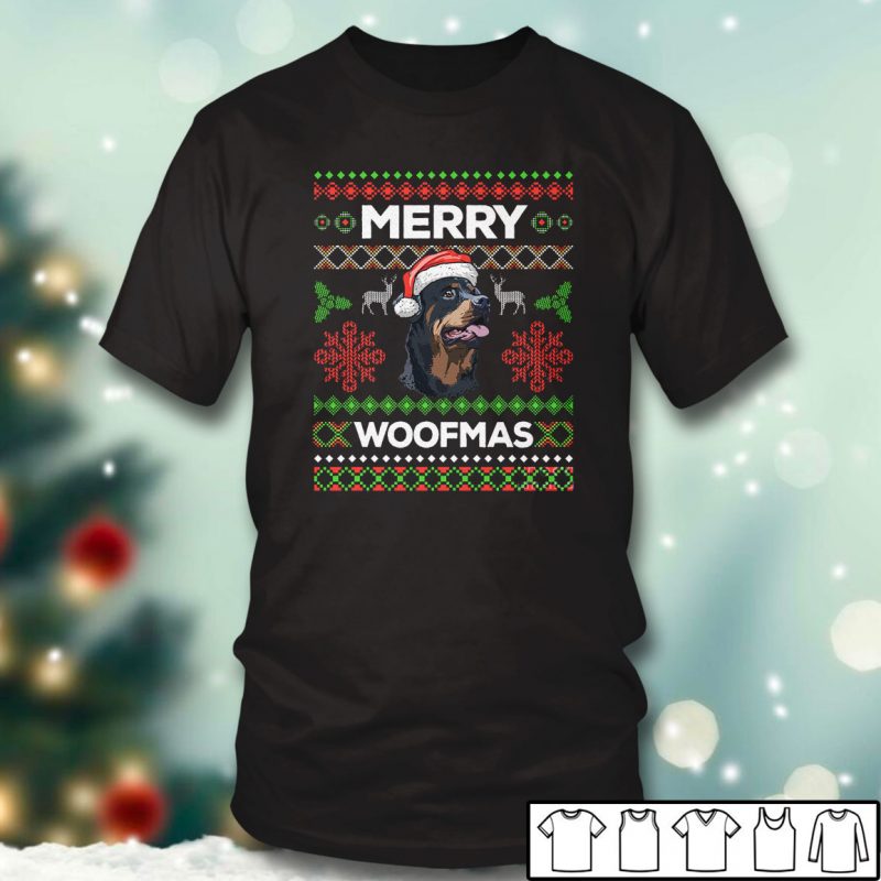 Black T shirt Rottweiler Dog Merry Woofmas Ugly Christmas Sweater