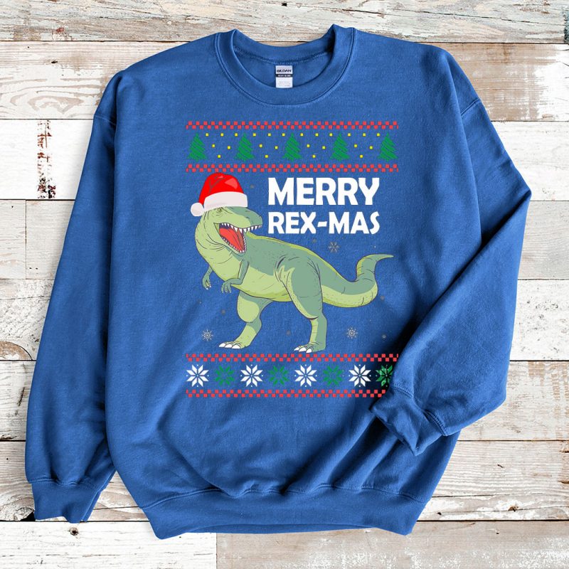 Blue Sweatshirt Christmas Merry RexMas Dinosaur Ugly Christmas Sweater