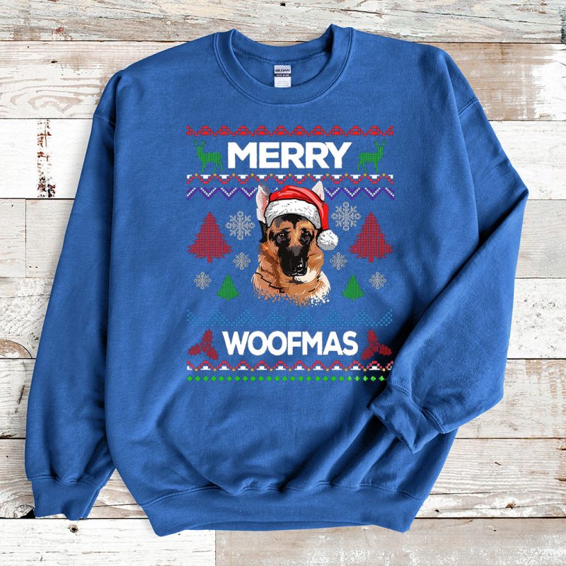 Blue Sweatshirt German Shepherd Merry Woofmas Ugly Christmas Sweater