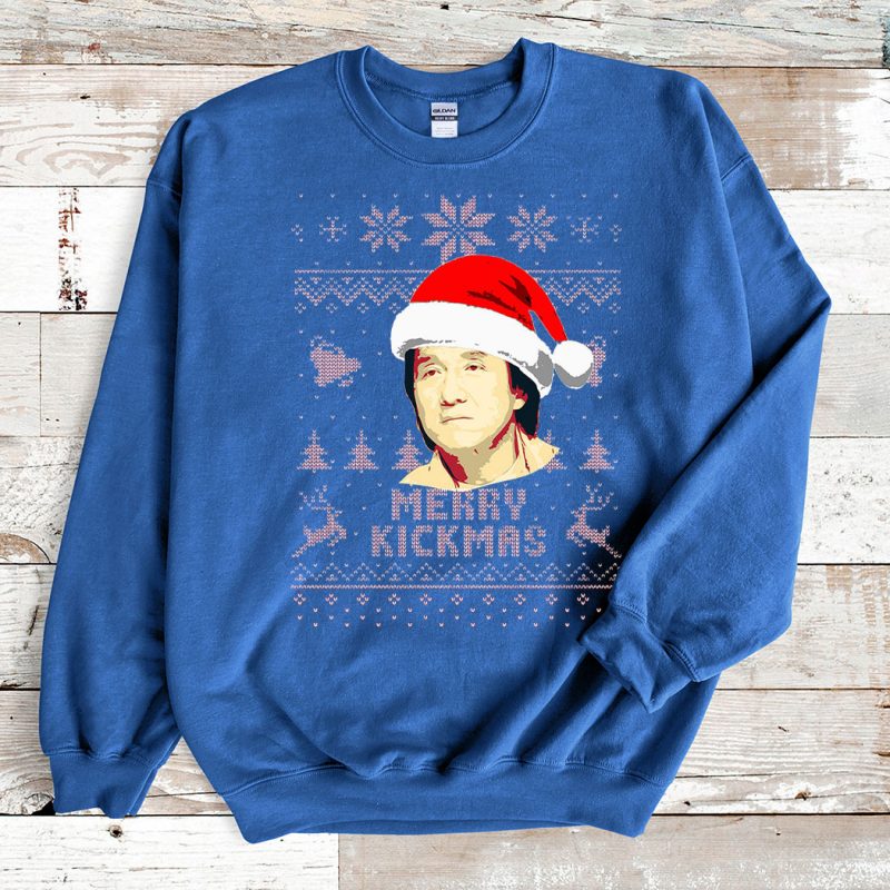 Blue Sweatshirt Jackie Chan Merry Kickmas Ugly Christmas Sweater