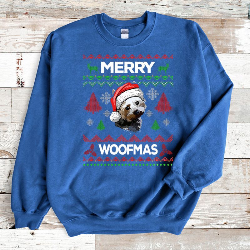 Blue Sweatshirt Yorkshire Terrier Merry Woofmas Ugly Christmas Sweater