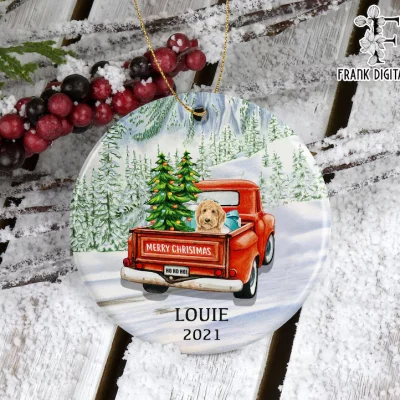 Custom Goldendoodle Red Truck Christmas 2021 Ornament