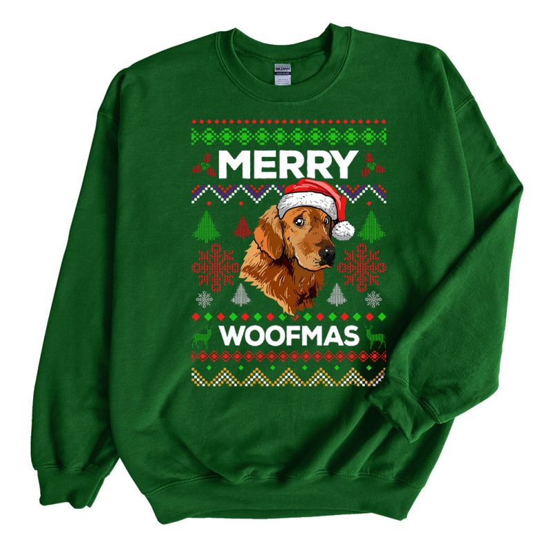 Green Sweatshirt Golden Retriever Merry Woofmas Ugly Christmas Sweater