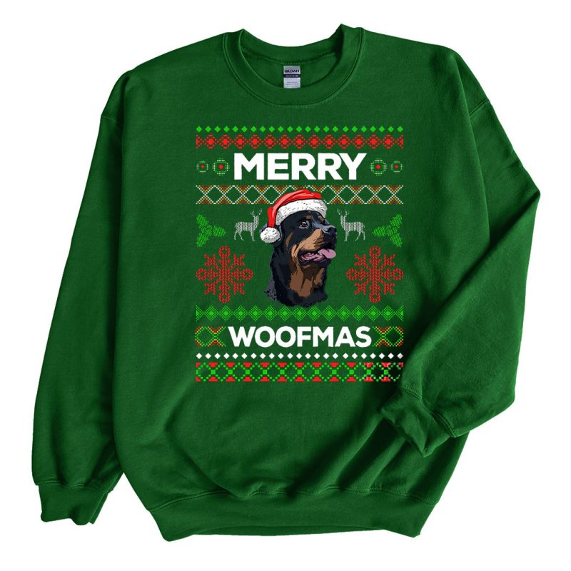 Green Sweatshirt Rottweiler Dog Merry Woofmas Ugly Christmas Sweater