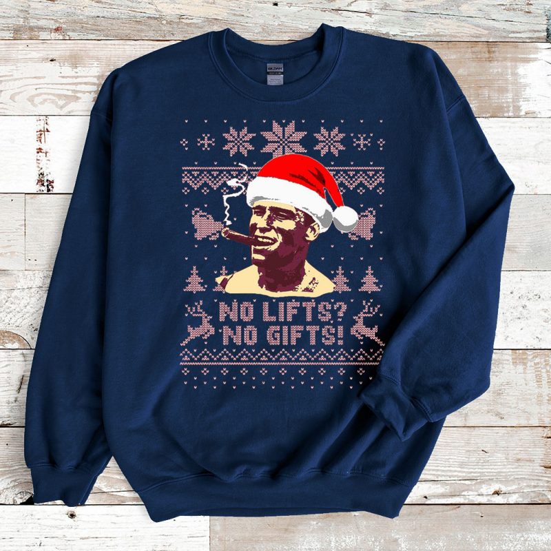 Navy Sweatshirt Arnold Schwarzenegger No Lifts No Gifts Ugly Christmas Sweater