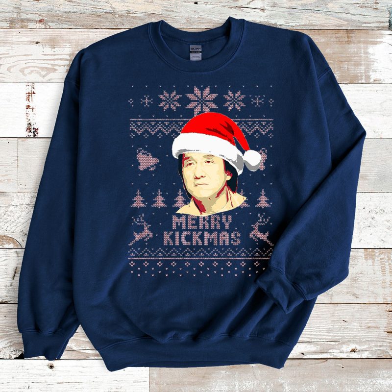 Navy Sweatshirt Jackie Chan Merry Kickmas Ugly Christmas Sweater