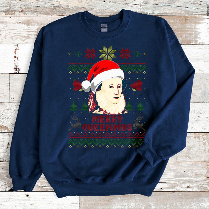 Navy Sweatshirt Merry Queenmas 2021 Queen Elizabeth Ugly Christmas Sweater