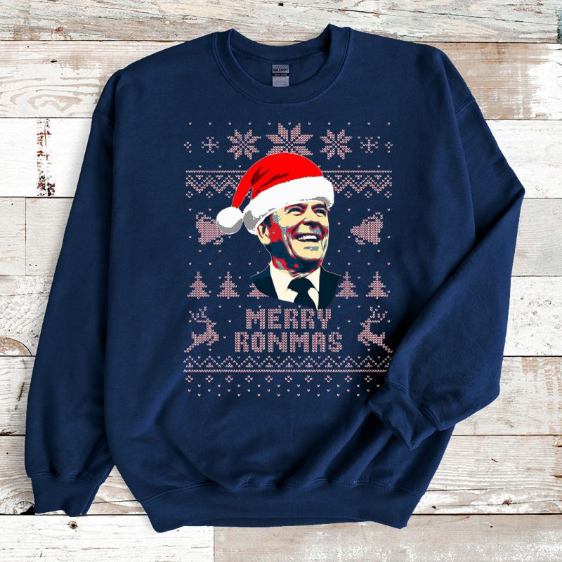 Navy Sweatshirt Ronald Reagan Merry Ronmas Ugly Christmas Sweater