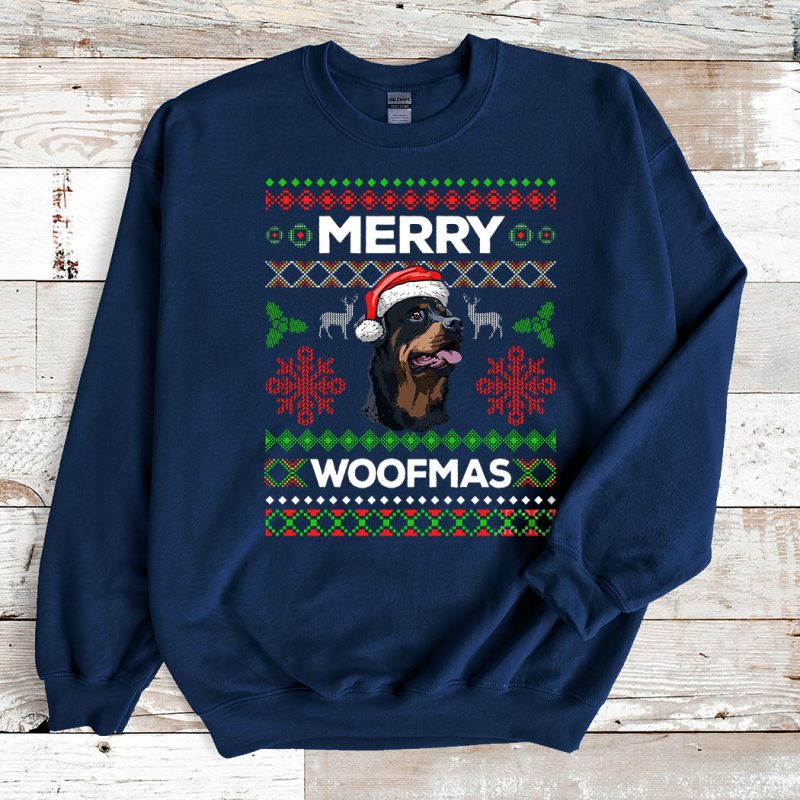 Navy Sweatshirt Rottweiler Dog Merry Woofmas Ugly Christmas Sweater
