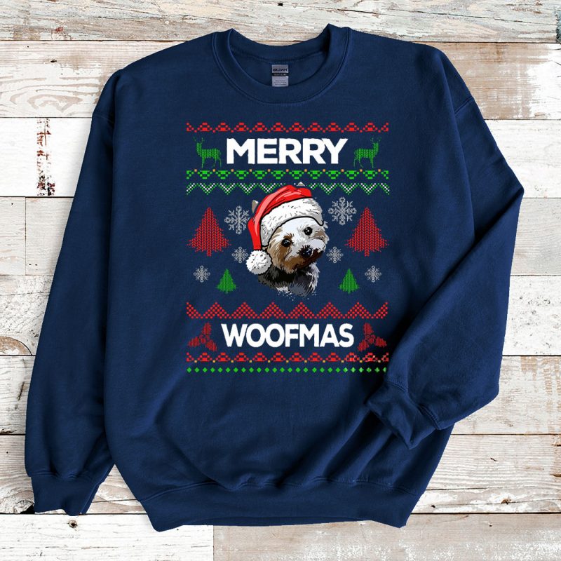 Navy Sweatshirt Yorkshire Terrier Merry Woofmas Ugly Christmas Sweater