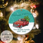 Personalized Red Truck Christmas Family name Ceramic Ornament
