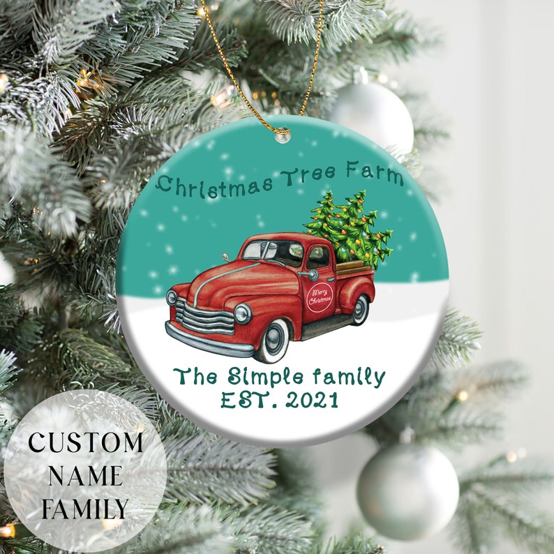 Personalized Red Truck Christmas Family name Ceramic Ornament 2