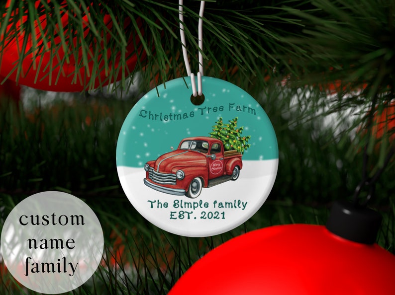Personalized Red Truck Christmas Family name Ceramic Ornament 3