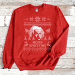 Red Sweatshirt Albert Einstein Merry Spacetime Ugly Christmas Sweater