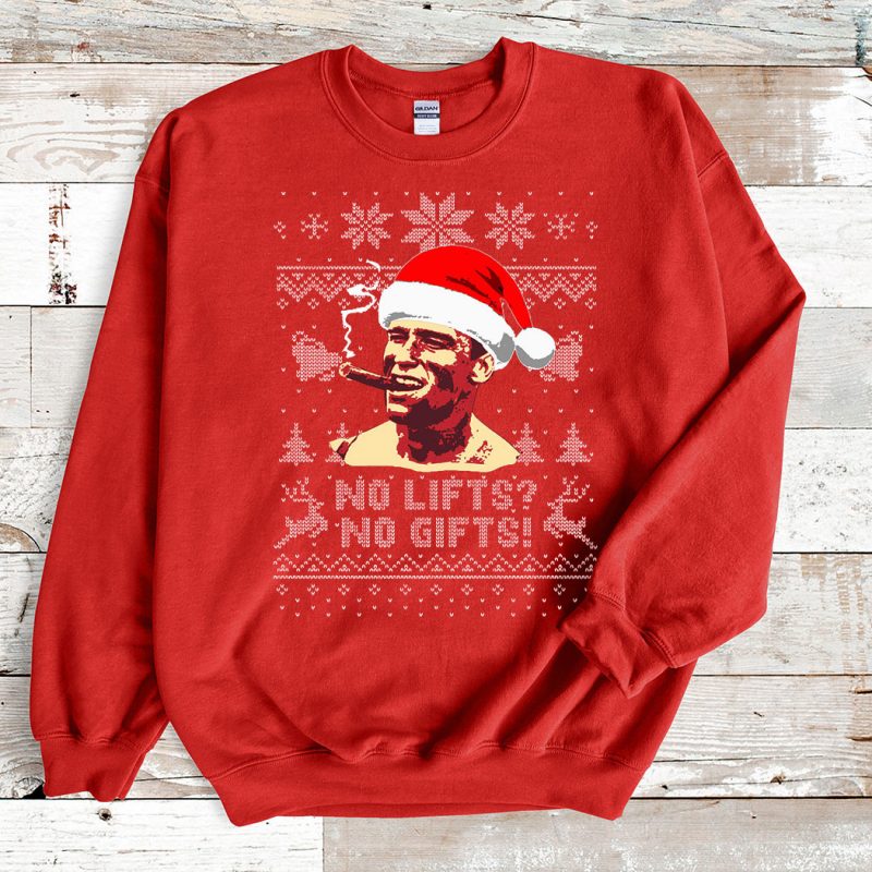 Red Sweatshirt Arnold Schwarzenegger No Lifts No Gifts Ugly Christmas Sweater