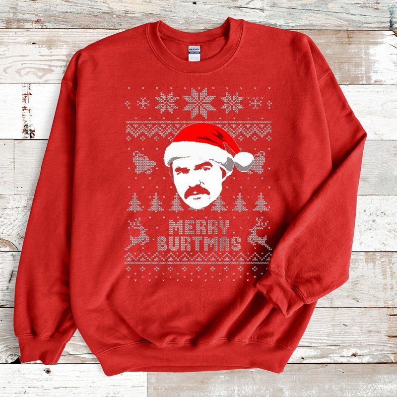 Red Sweatshirt Burt Reynolds Merry Burtmas Ugly Christmas Sweater