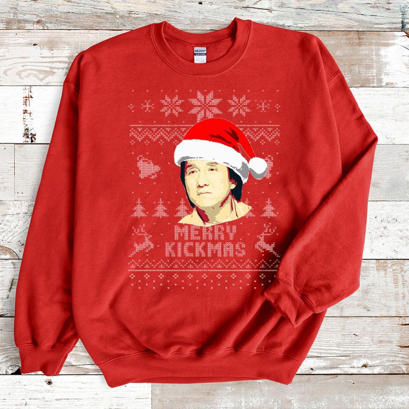 Red Sweatshirt Jackie Chan Merry Kickmas Ugly Christmas Sweater