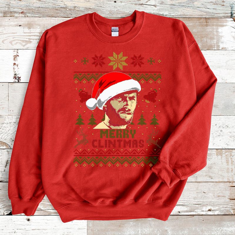 Red Sweatshirt Merry Clintmas Clint Eastwood Ugly Christmas Sweater