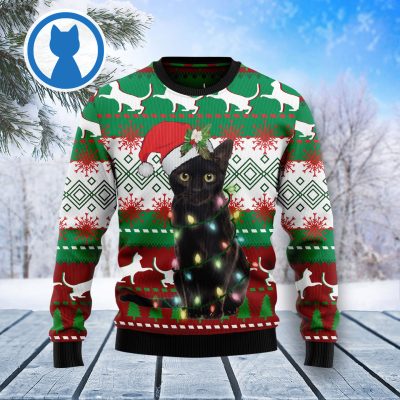 Black Cat Light Ugly Christmas Sweater