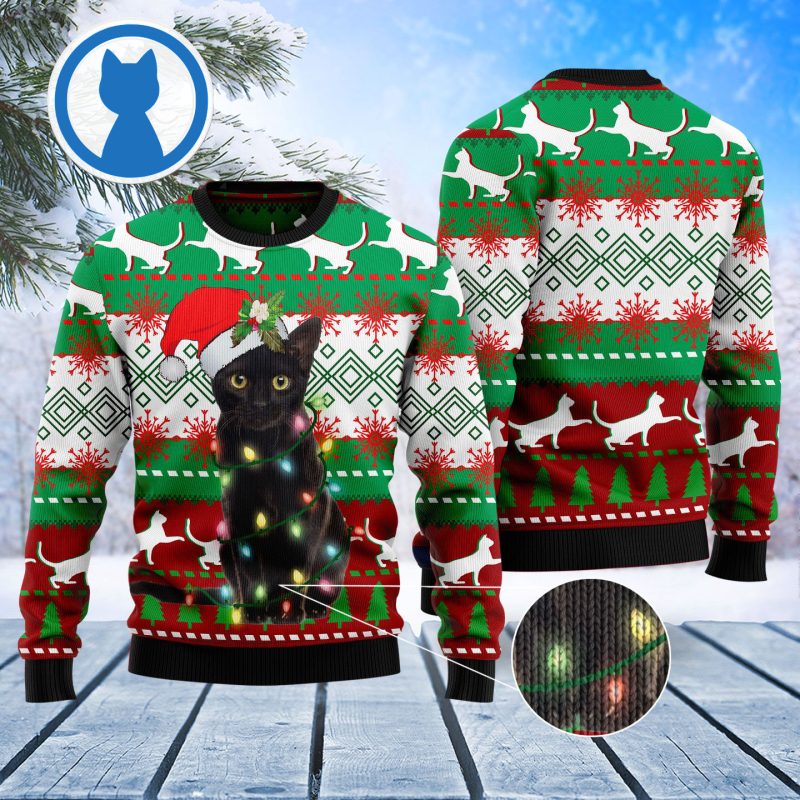 Black Cat Light Ugly Christmas Sweater 3