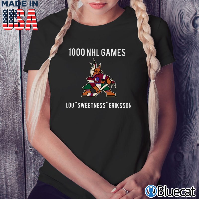 Black Ladies Tee Arizona Coyotes 1000 NHL Games Lou Sweetness Eriksson T shirt