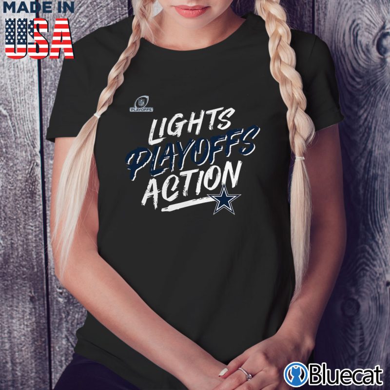 Black Ladies Tee Dallas Cowboys 2021 NFL Playoffs Bound Lights Action T Shirt