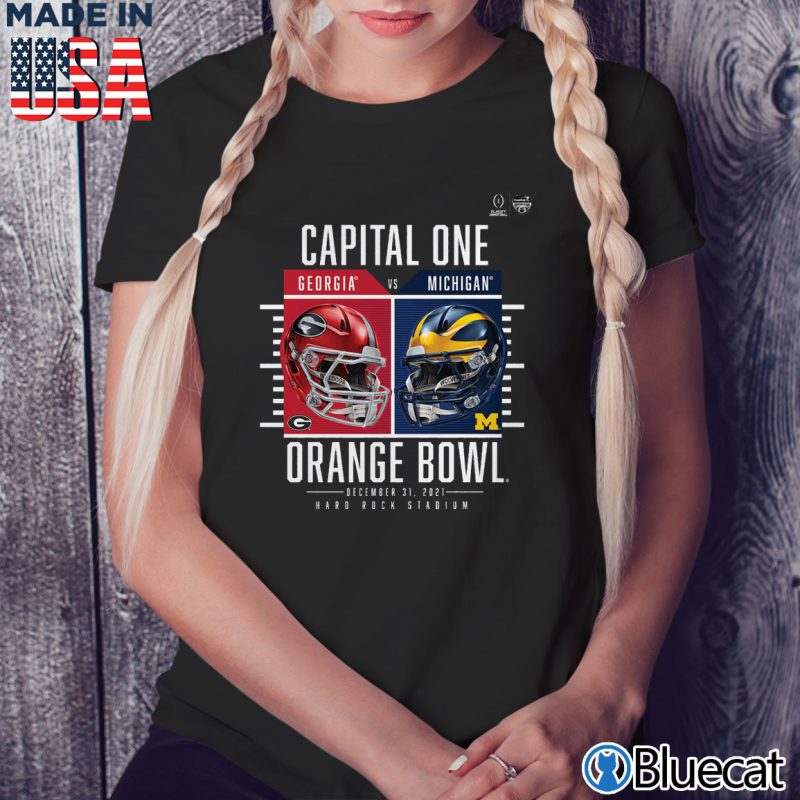 Black Ladies Tee Georgia Bulldogs vs Michigan Wolverines Playoff 2021 Orange Bowl Matchup Coin Flip T Shirt