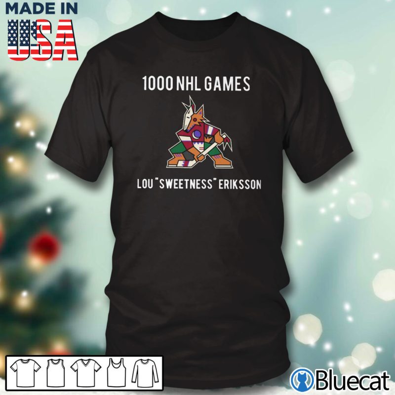 Black T shirt Arizona Coyotes 1000 NHL Games Lou Sweetness Eriksson T shirt