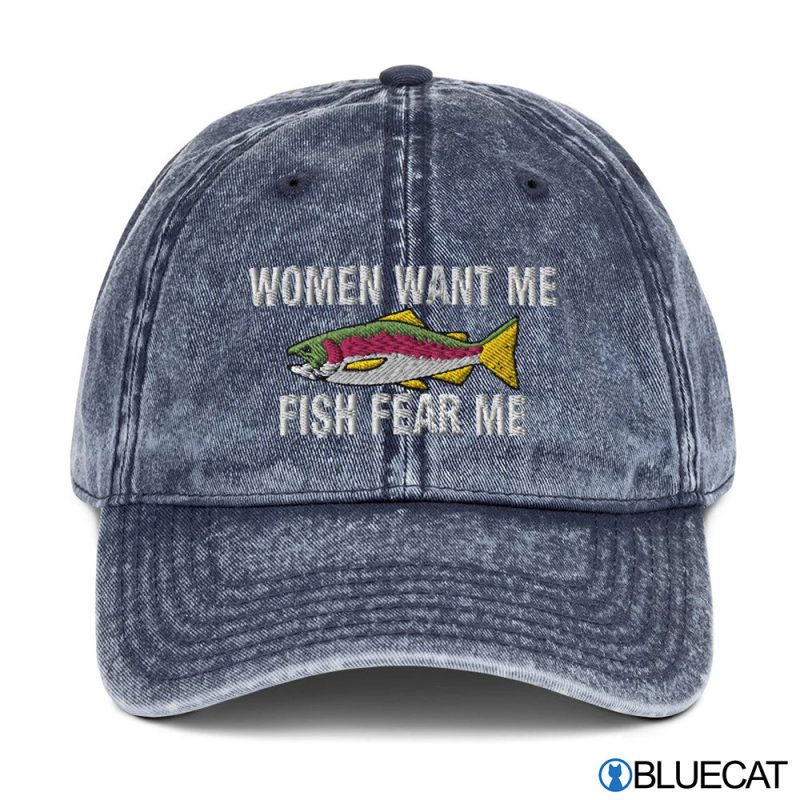 Women Want Me Fish Fear Me Embroidered Vintage Style Cotton Twill Cap 1