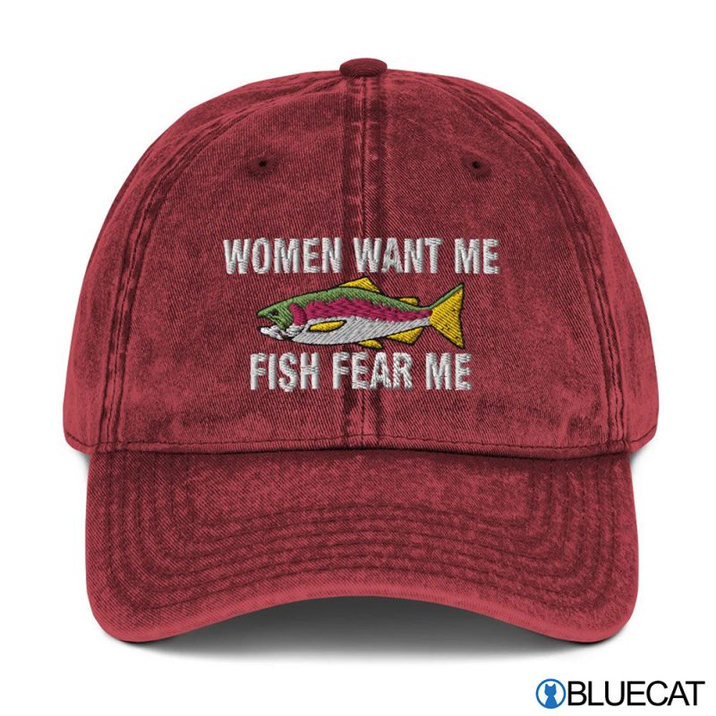 Women Want Me Fish Fear Me Embroidered Vintage Style Cotton Twill Cap 2