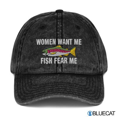 Women Want Me Fish Fear Me Embroidered Vintage Style Cotton Twill Cap