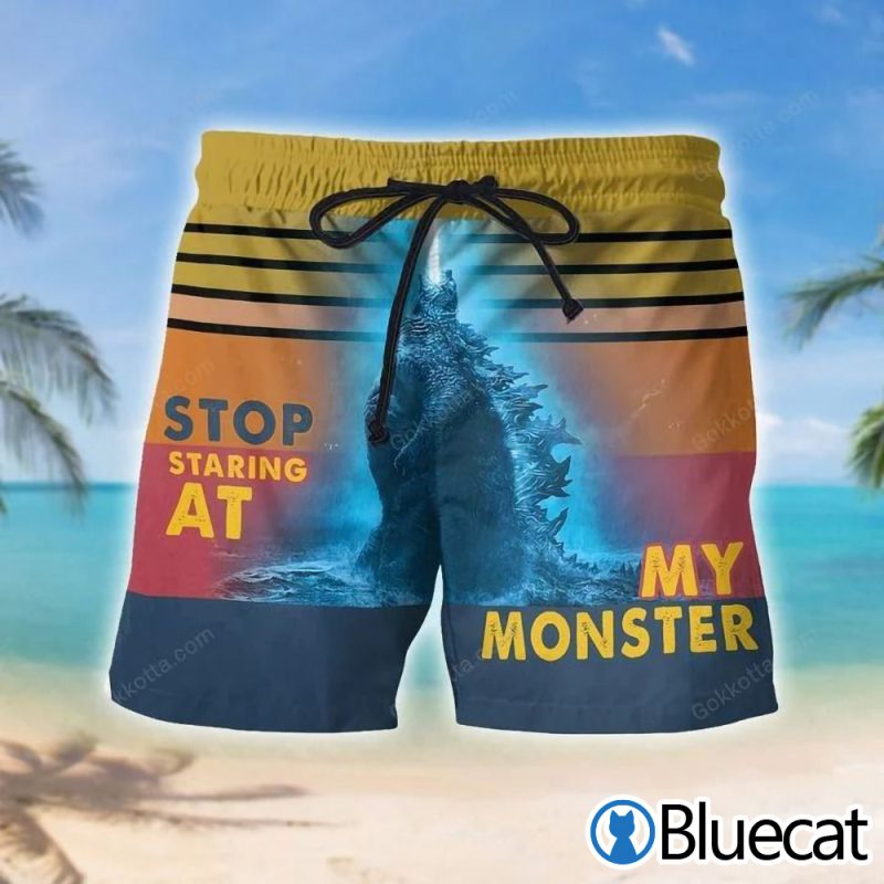 Godzilla Stop Staring At My Monster Beach Shorts