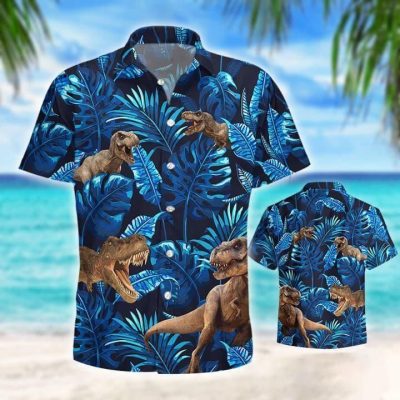 Tyrannosaurus Rex Tropical Hawaiian Graphic Print Short Sleeve Hawaiian Shirt