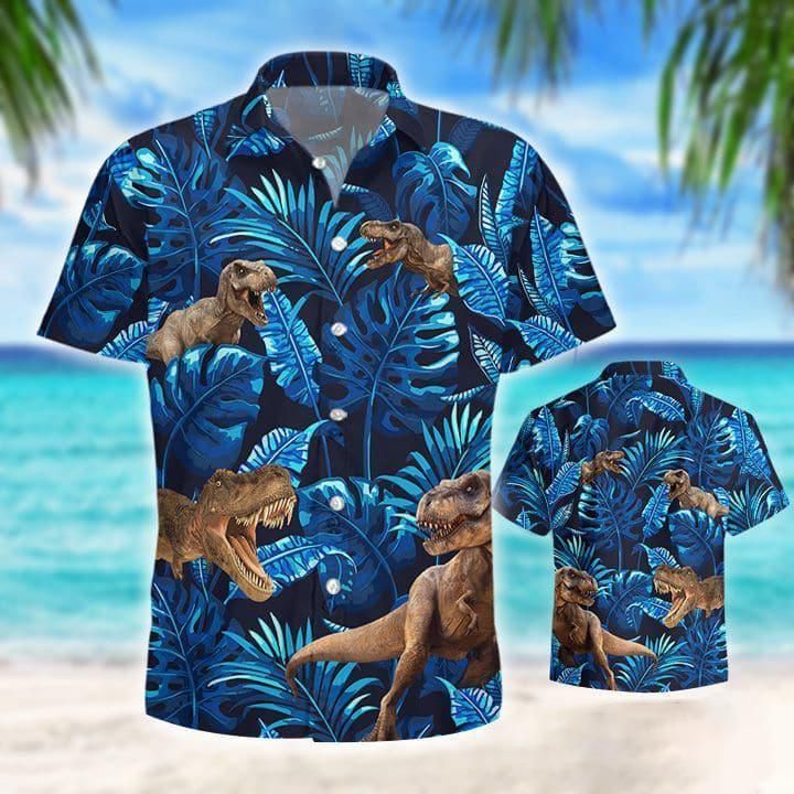 tyrannosaurus rex tropical hawaiian graphic print short sleeve hawaiian shirt n98bp4pi