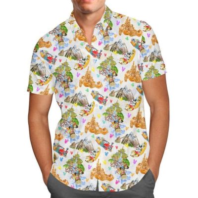 Watercolor Disney Parks Trains And Drops For men And Women Graphic Print Short Sleeve Hawaiian Casual Shirt