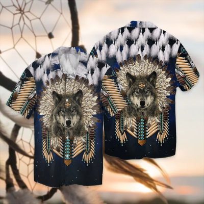 Wolf Native American For Men And Women Graphic Print Short Sleeve Hawaiian Casual Shirt