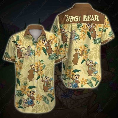 yogi bear hawaiian graphic print short sleeve hawaiian casual shirt n98yqn3u