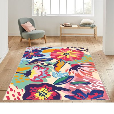 Hand Painted Abstract Floral Floral Print Rug
