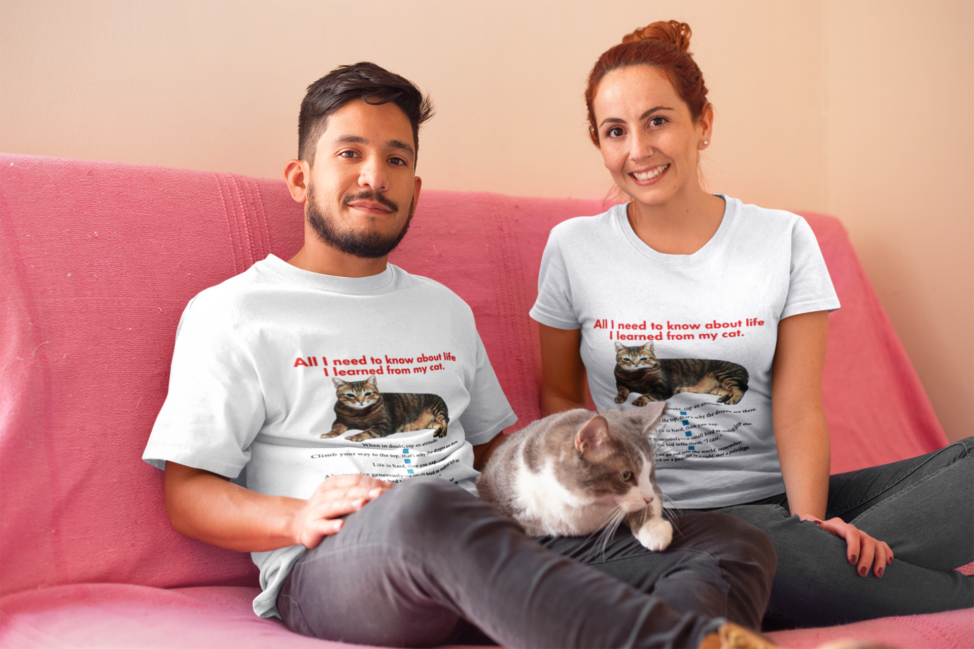 happy couple wearing t shirts mockup with their cat a18984